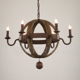 Country Vintage Wooden 6 Light Chandelier Lamp for Dining Room, Living Room Light