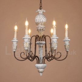 Country Vintage Wooden 6 Light Single Tier Chandelier for Dining Room, Living Room Light