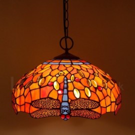 Dragonfly Pattern 16 inch Classic Handmade Stained Glass Pendant Lighting Dragonfly Pattern Living Room Bedroom Study Room 3 Light