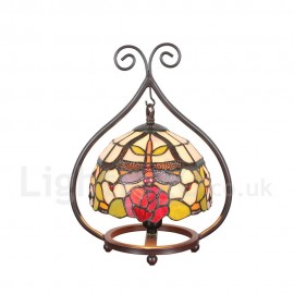 Handmade Rustic Retro Stained Glass Table Lamp Dragonfly Gathering Flower Pattern Metal Frame Bedroom Living Room Dining Room Diameter 20cm (8 inch) Lampshade