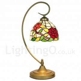 Handmade Rustic Retro Stained Glass Table Lamp Metal Bending Pipe Round Base Red Rose Pattern Bedroom Living Room Dining Room Diameter 20cm (8 inch) Lampshade