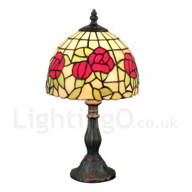 Handmade Rustic Retro Stained Glass Table Lamp Resin Base Red Flower Pattern Bedroom Living Room Dining Room Diameter 20cm (8 inch) Lampshade