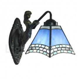 Diameter 20cm (8 inch) Handmade Rustic Retro Stained Glass Wall Light Blue Shade Mermaid Carrying Lantern Bedroom Living Room Dining Room