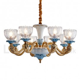 100% Pure Brass Luxurious Rustic Retro Vintage Brass Ceramics Pendant Candle Chandelier with Glass Shades Special for Hotel, Off