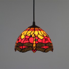 Red Dragonfly 20cm (8 inch) Handmade Rustic Retro Tiffany Pendant Light Colorful Pattern Glass Shade Bedroom Living Room Light