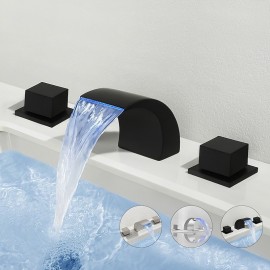 Deck Mounted Brass Waterfall Two Handles LED Light Bathroom Sink Tap