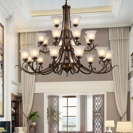 24 Lights High Ceiling Vintage Country Island Painting Metal Chandeliers with Glass Shades for Living Room, Dining Room, Hight C